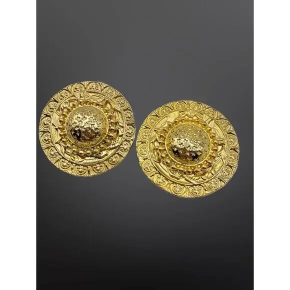 Vintage Etruscan Medallion Gold Plated Clip On Earrings